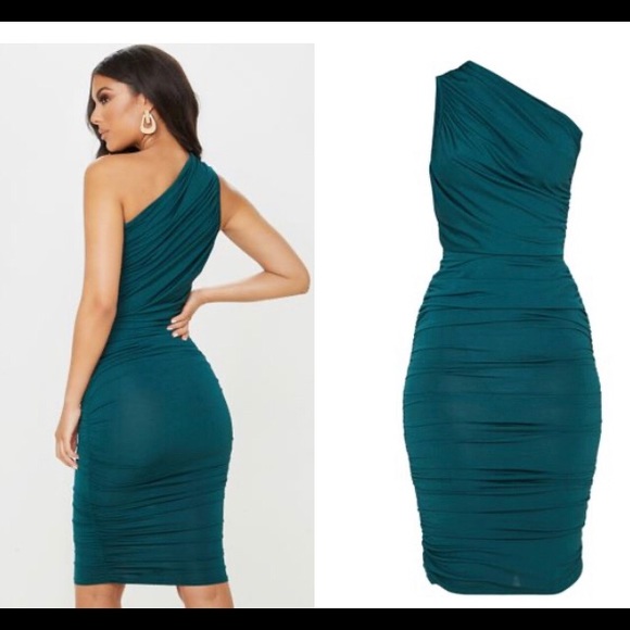 emerald green slinky ruched one shoulder longline midi dress